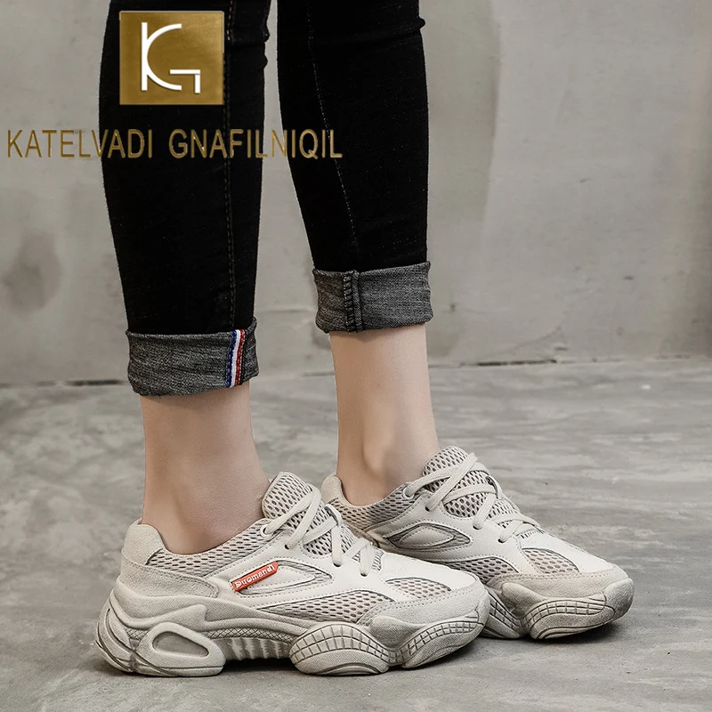 KATELVADI/Бежевые кроссовки для женщин Большой размер Дышащая сетчатая обувь папы