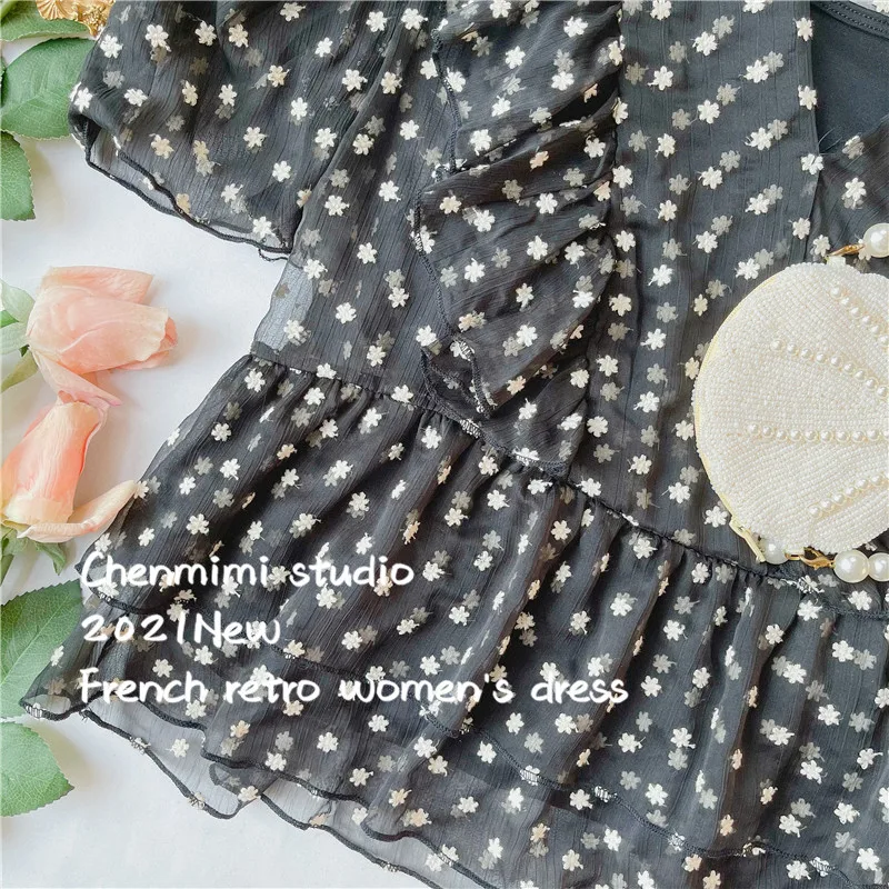 

Embroidered Flower Ruffled Polka Dot V-neck Blouse Ladies Tops Puff Sleeve Chiffon Shirt Women Short Sleeve Camisas Blusas Mujer
