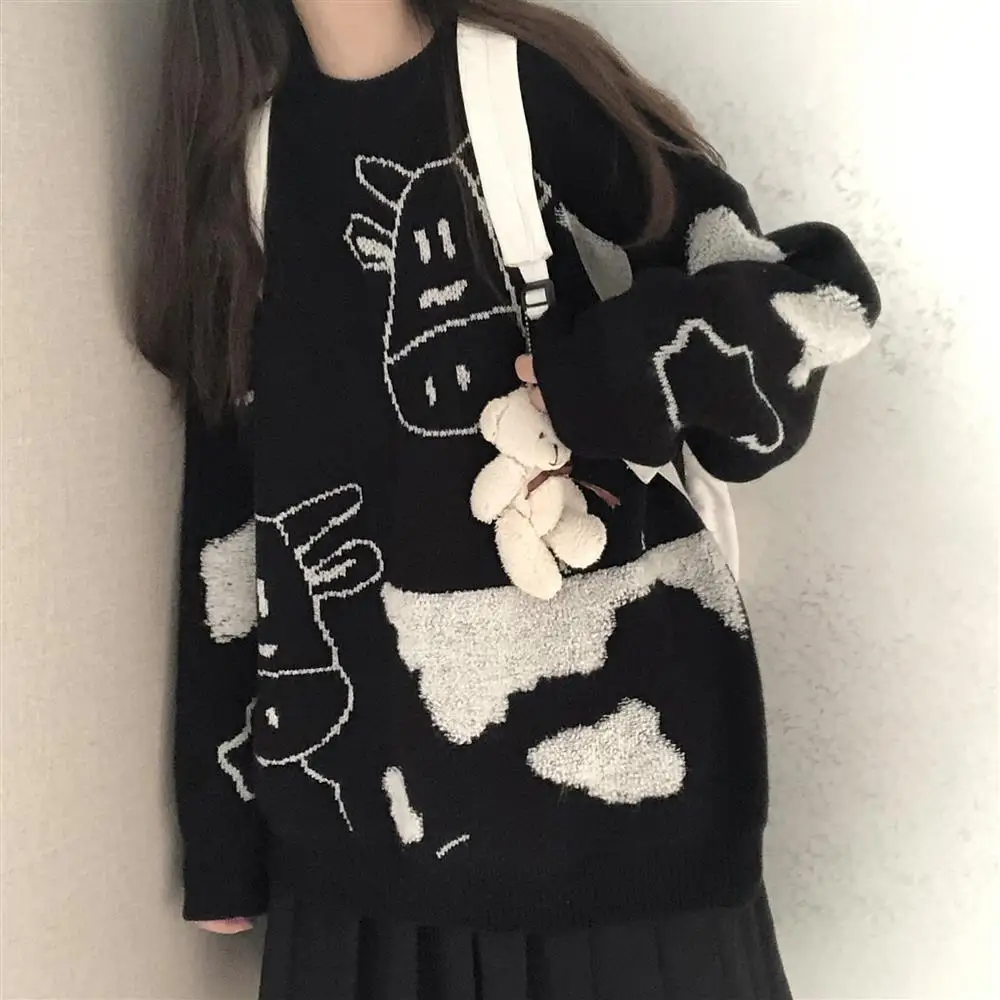 

Harajuku Vintage Casual Loose Lazy Cow Sweater Female Korean Harajuku Women's Sweaters Japanese Kawaii Cute Clothing for Women