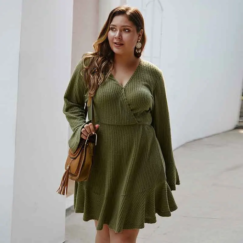 Мода Большой размер 2019 Осень Зима Женское однотонное платье с длинным рукавом