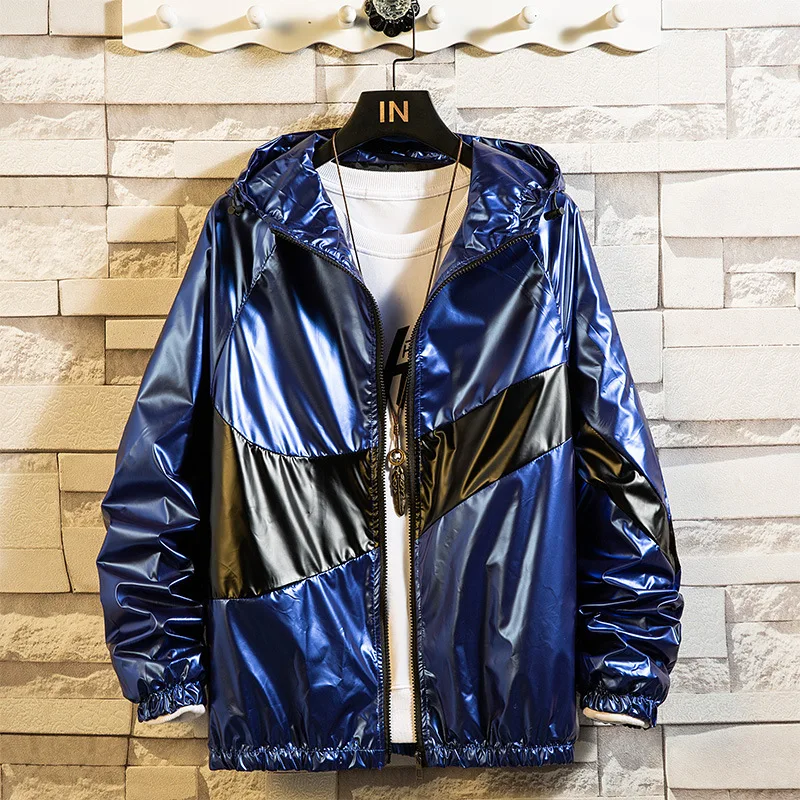 

#7010 Black/Gold/Silver/Blue Hip Hop Jacket Men Thin Casual Loose Spliced Color Hooded Coats Plus Size M-7XL Bomber Jacket Mens