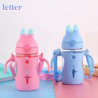 300ml kids children learn drinking cups straw feeding glass bottle cup with handle double insulated water juice drink bottle