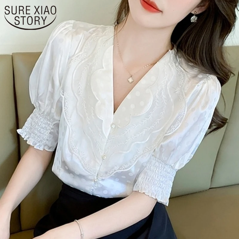 

New French Style Loose White Blouse Women Summer Lace Chiffon Shirt Ladies Korean V Neck Puff Sleeve Polka Dot Female Tops 15220