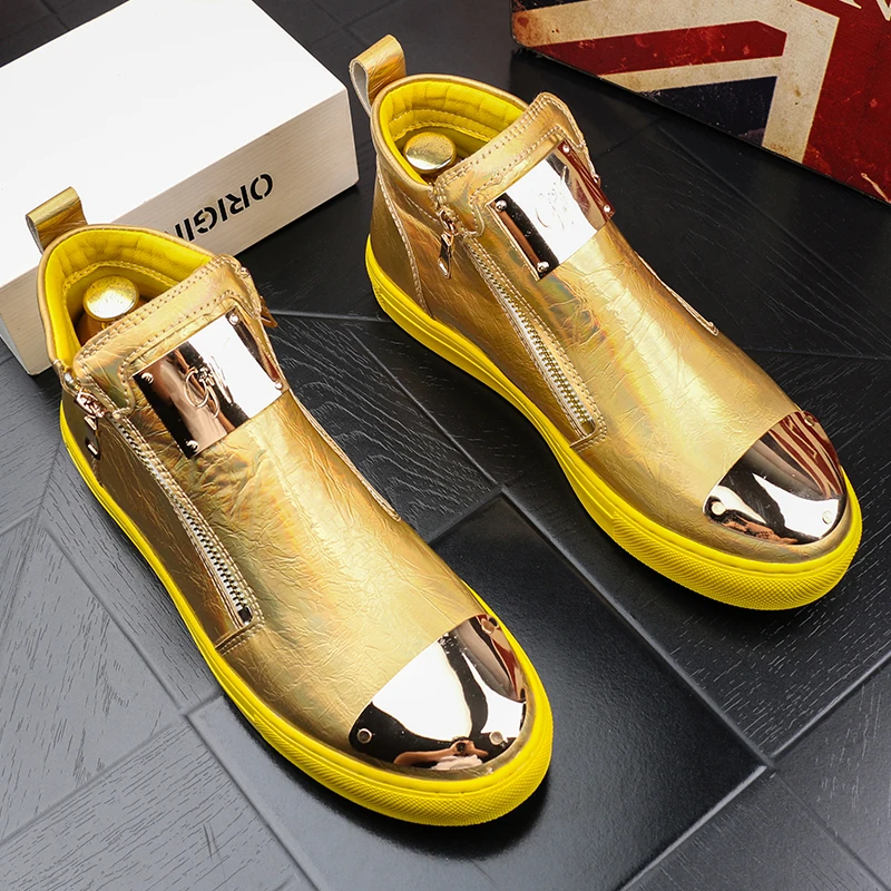 Кроссовки мужские высокие золотистые в стиле хип-хоп повседневная обувь на