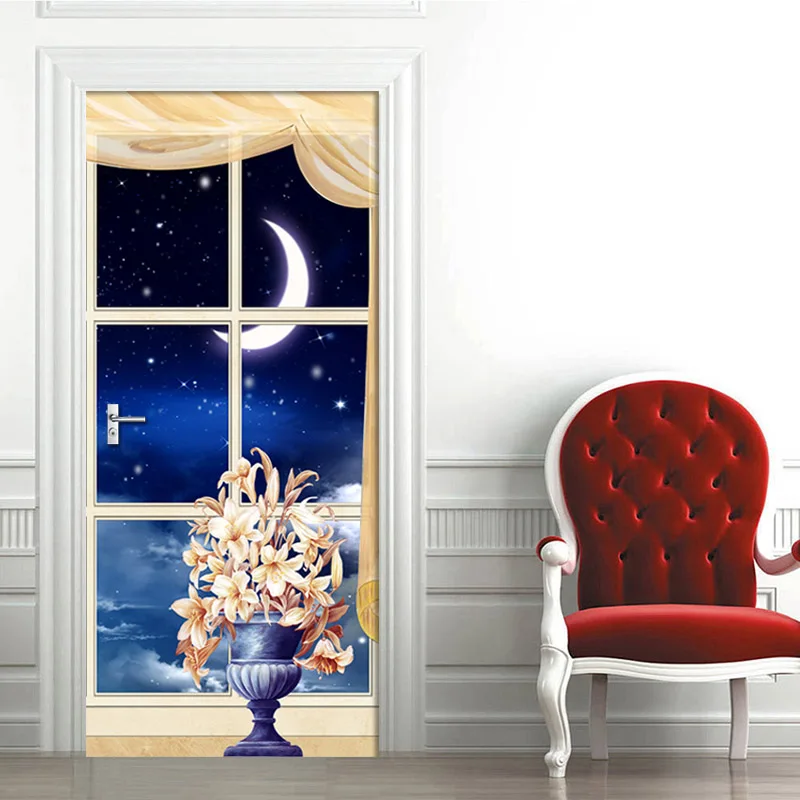 DIY дверь стикер ПВХ водонепроницаемый самоклеющиеся Звездное Окно Луна 3D обои