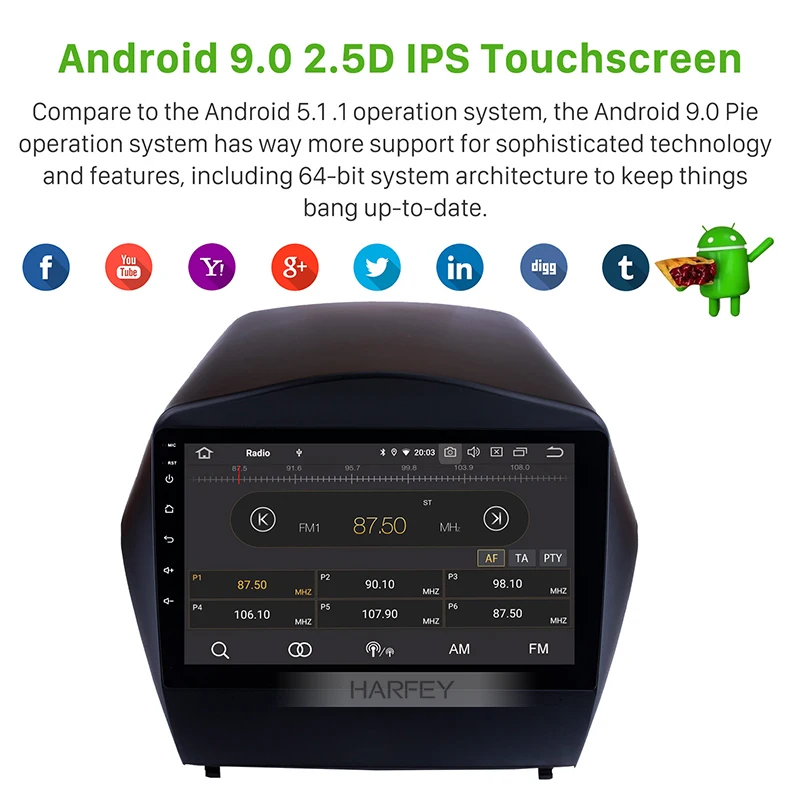 Автомобильный мультимедийный плеер Harfey android 10 0 8 ядер 4 Гб + 64 ГБ GPS навигация для