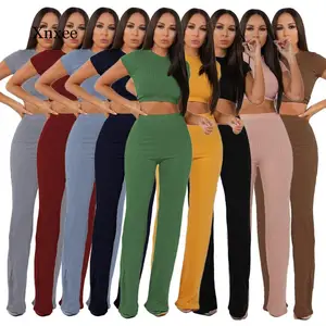 Women Knitted Long Sleeve O-Neck Crop Top Wide Leg Pants 2 Piece Set for Female Women Tops Pants Two Pieces Sets Women's Suits