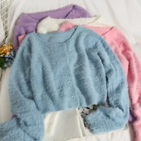2021newfashion cropped cardigan knitted sweater women mohair v neck autumn winter long sleeve single breastedkawaii cute sweater