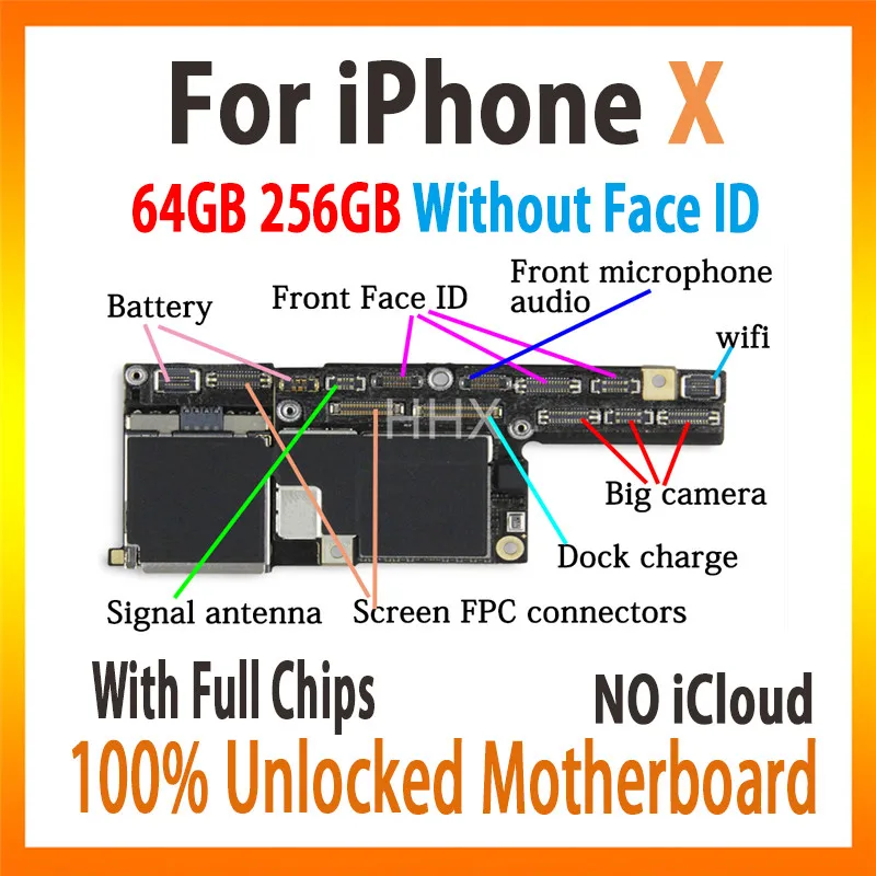 64 Гб/256 ГБ оригинальная материнская плата для iphone X, бесплатный iCloud, разблокирована для iphone 10 без логической платы Face ID, полностью протестирована