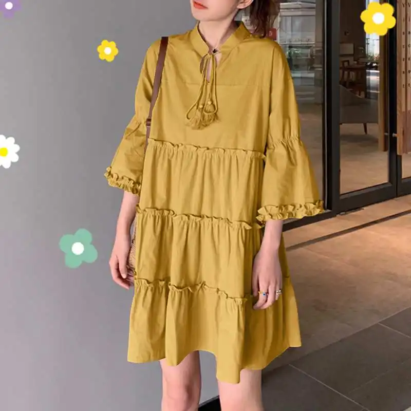 

Summer Mini Dresses Women Vintage Solid Color Dress 2021 VONDA Casual Plain Robe Beach Bohemian Vestidos Robe Femme