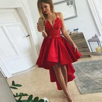 red spaghetti straps evening dresses 2021 front short long back v neck lace appliques elegant satin party prom gowns for women