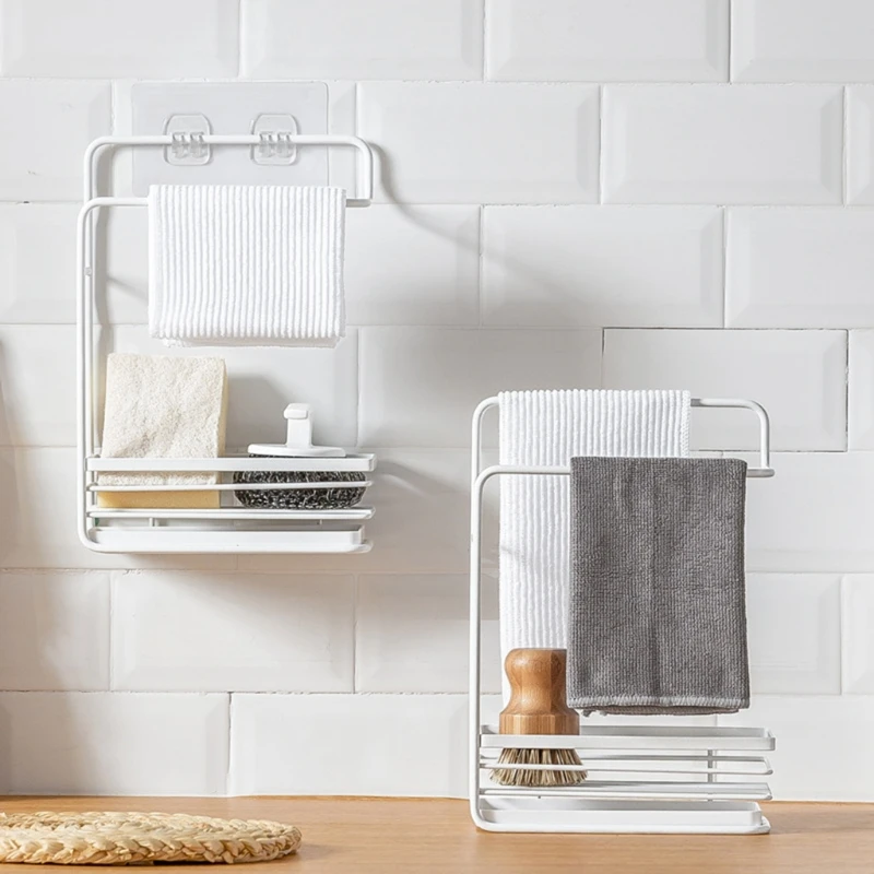 

Towel Rag Cloth Storage Rack with Drain Pan Tray Dish Brush Holder Drain Shelf Sponge Organizer Adhesive Countertop Home 28GF