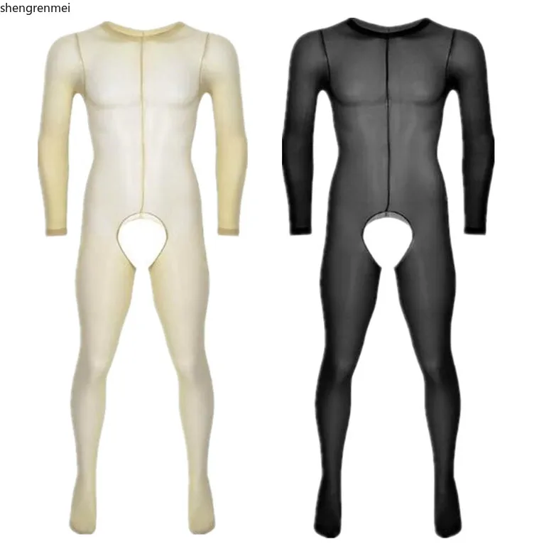 

Shengrenmei Mens One-Piece Pajama See Through Nightwear Sheer Fishnet Bodysuit Long Sleeve Jumpsuit Open Cortch Lingerie Summer