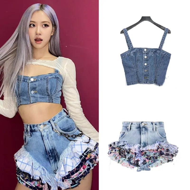 Женский джинсовый жилет на пуговицах kpop со вставками и шортами|Спортивные