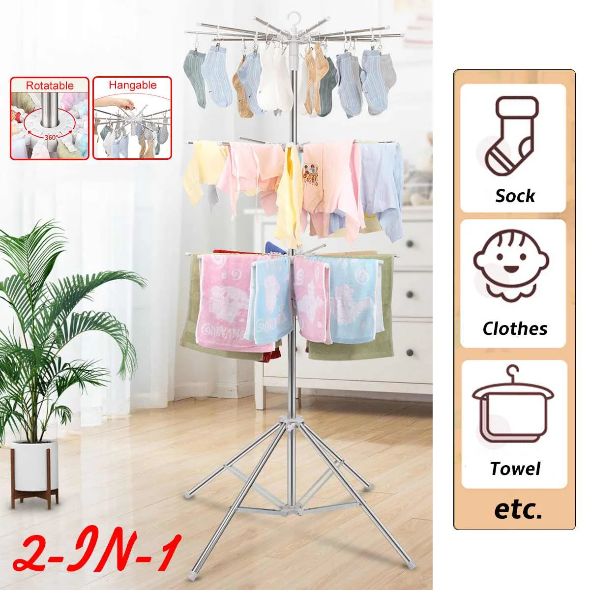 

3 Tier Foldable Clothes Socks Underwear rack Laundry Stainless Steel Drying Rack Hanger Stand 360° Rotatable with Standable Bace