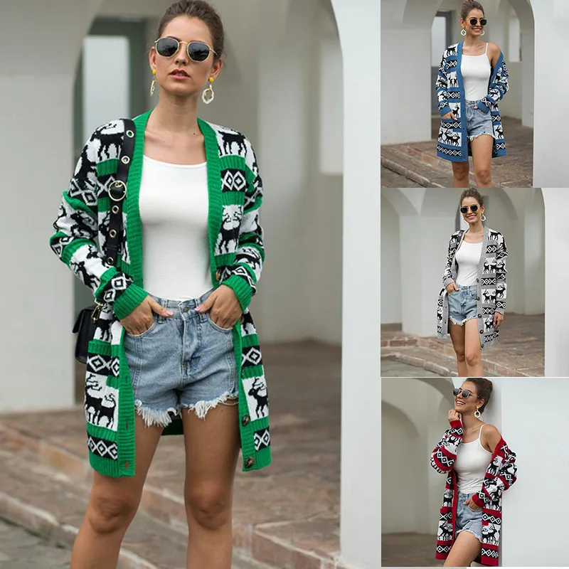 

Кардиган женский зимний, вязаный, с принтом в виде оленя, с длинным рукавом и карманами