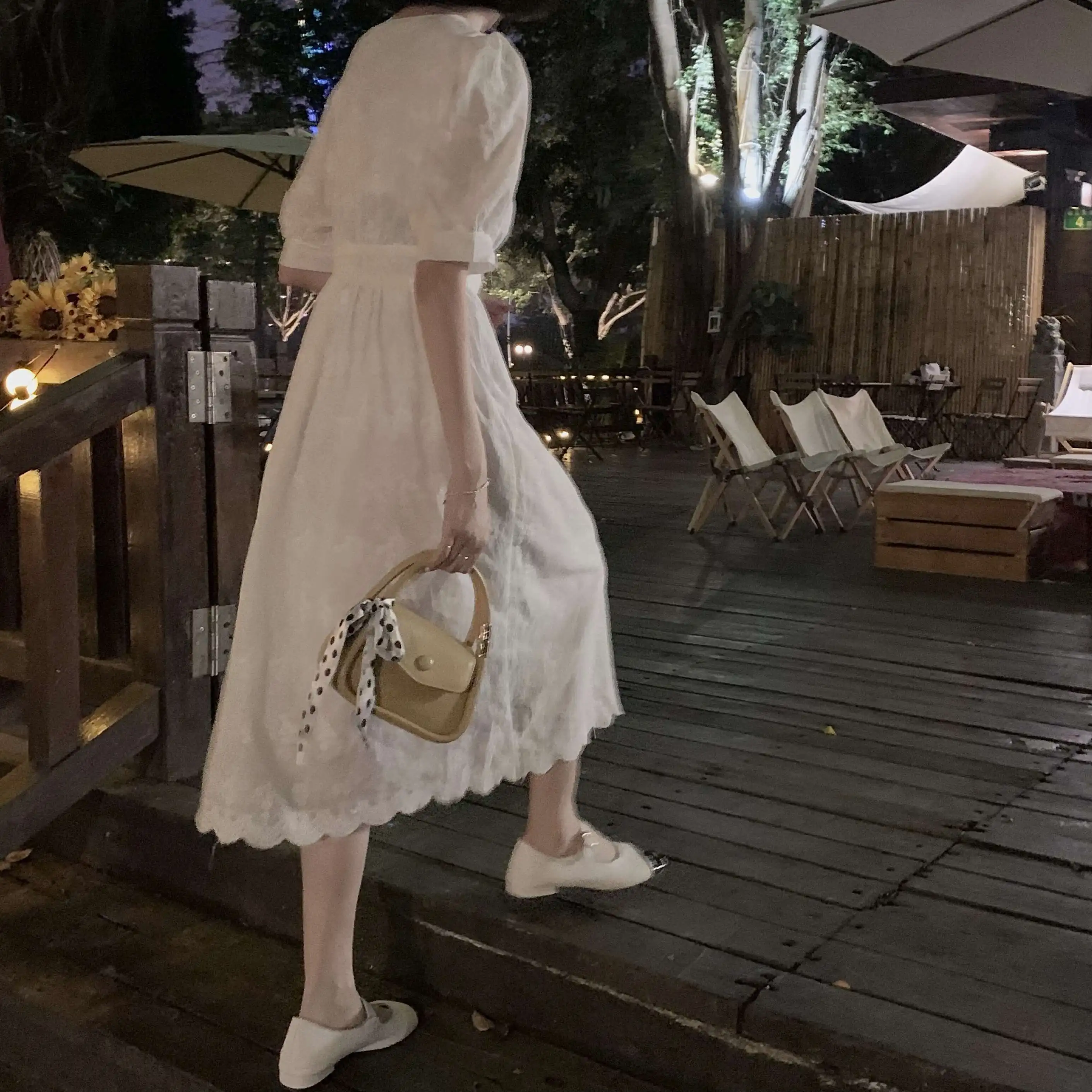 

COIGARSAM French Style Women dress Summer Puff Sleeve High Waist Dresses White 13162