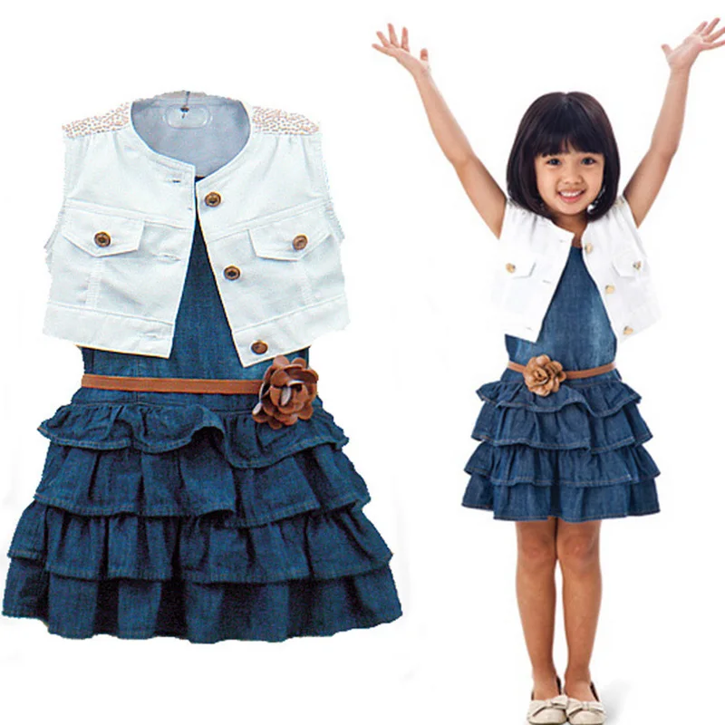 Girls Suit Summer Sleeveless Denim Dress + Solid Color Vest Flower Belt Three-piece Boutique Kids Clothing | Мать и ребенок