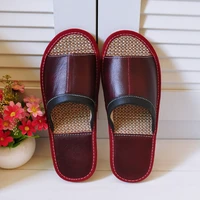 summer home cowhide leather slippers soft bottom indoor floor household linen sandals men and women couple slippers