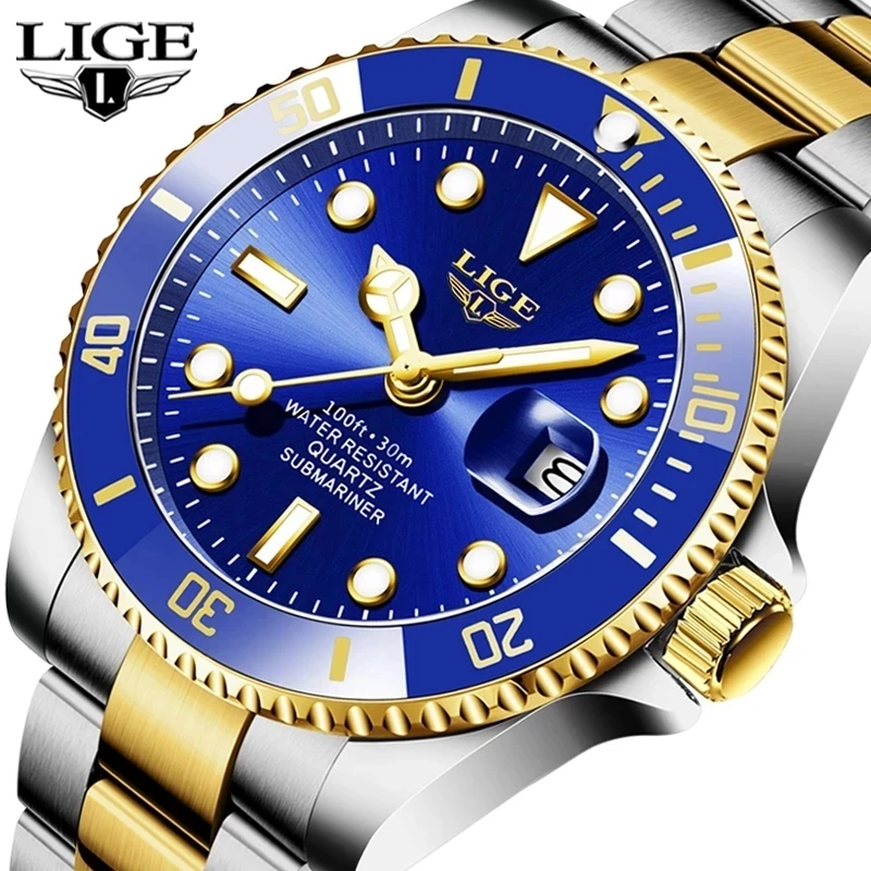 

Часы наручные LIGE Мужские кварцевые, брендовые Роскошные модные водонепроницаемые спортивные для дайвинга с датой, 30 атм