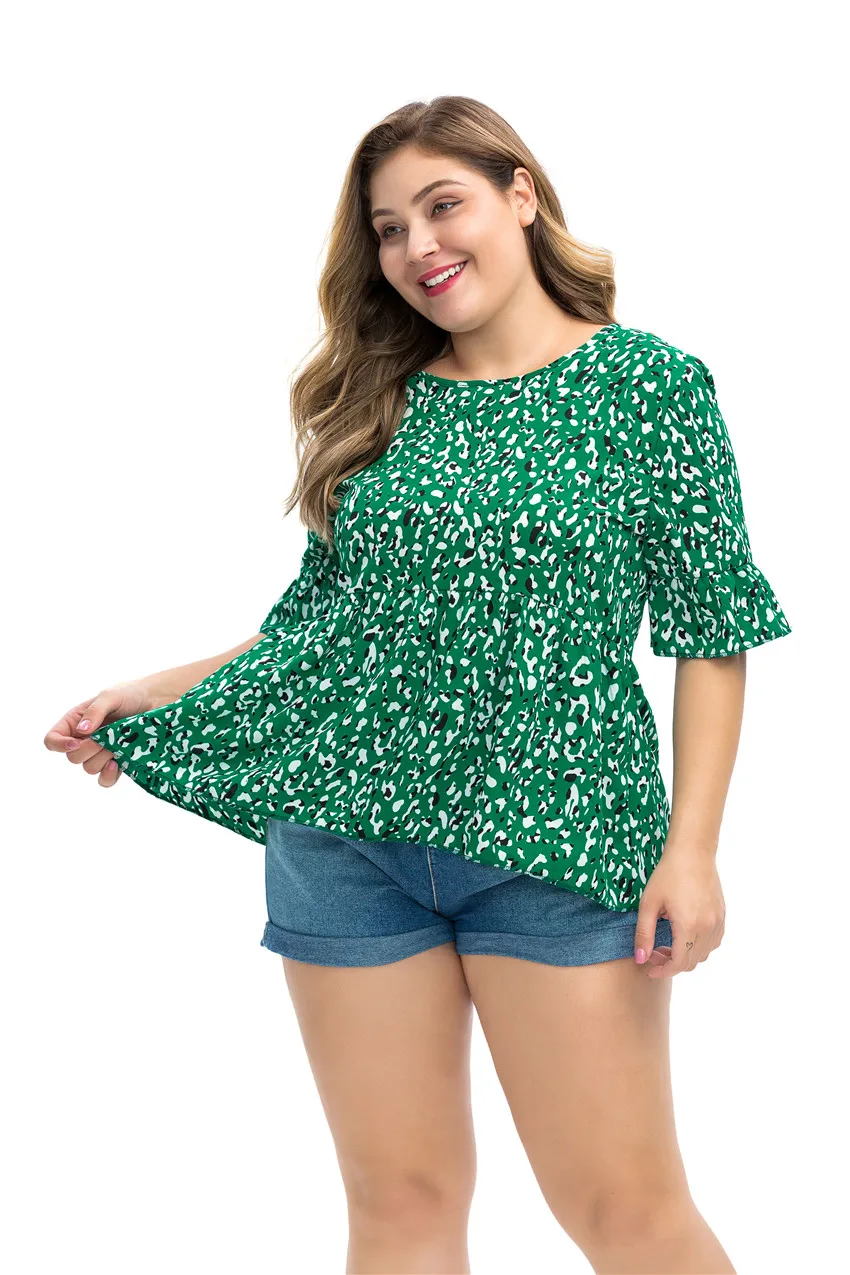 6XL размера плюс, женская летняя блузка с круглым вырезом, оборками, рукавом до локтя, леопардовая расцветка, Повседневная Блузка, рубашка, большой размер, Женская туника, топы