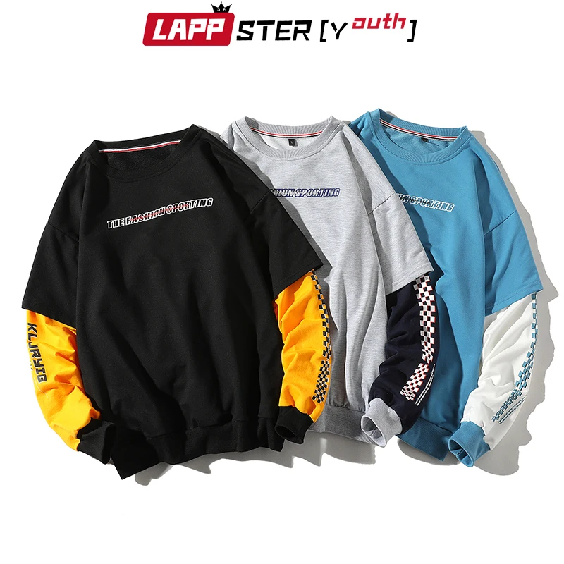 LAPPSTER мужские забавные Лоскутные толстовки Harajuku в клетку 2019 s японский уличная