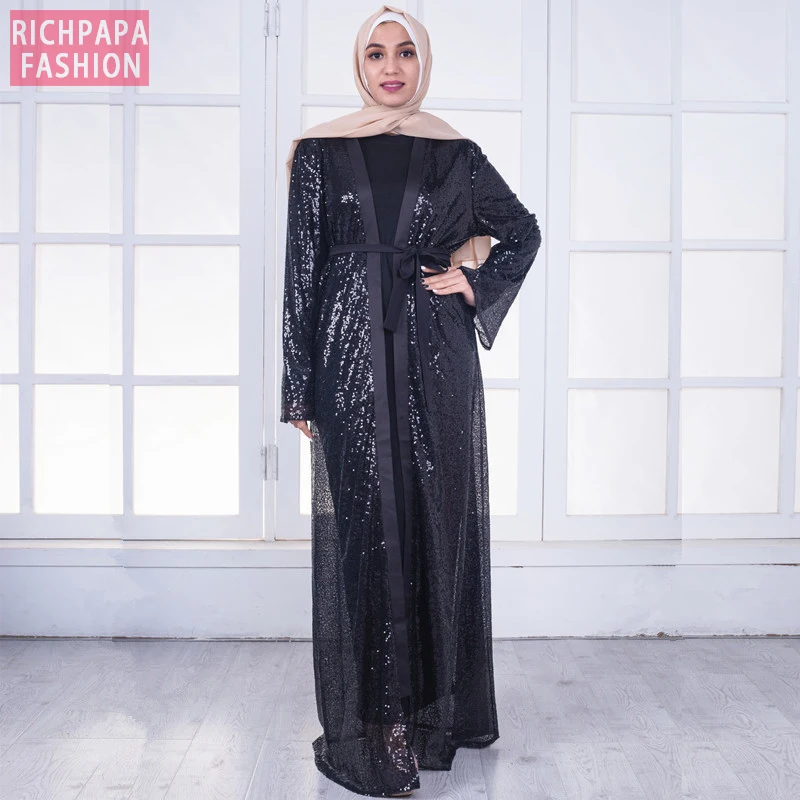 Женское кимоно с черными пайетками абайя Дубай женское кардиган мусульманский