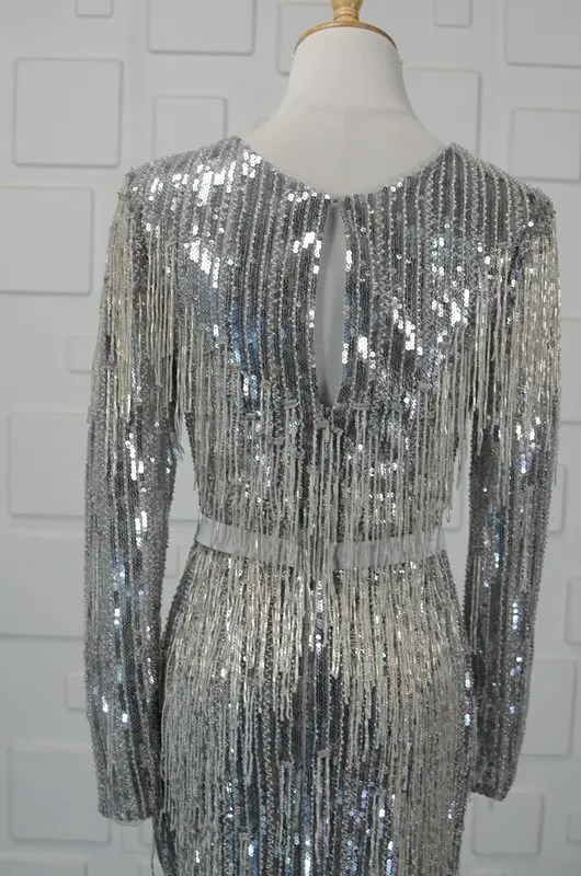 

Long Sleeves Evening Dresses Sexy V Neck Sliver Champagne Mermaid Beading Sequins Woman Celebrity Formal Gowns