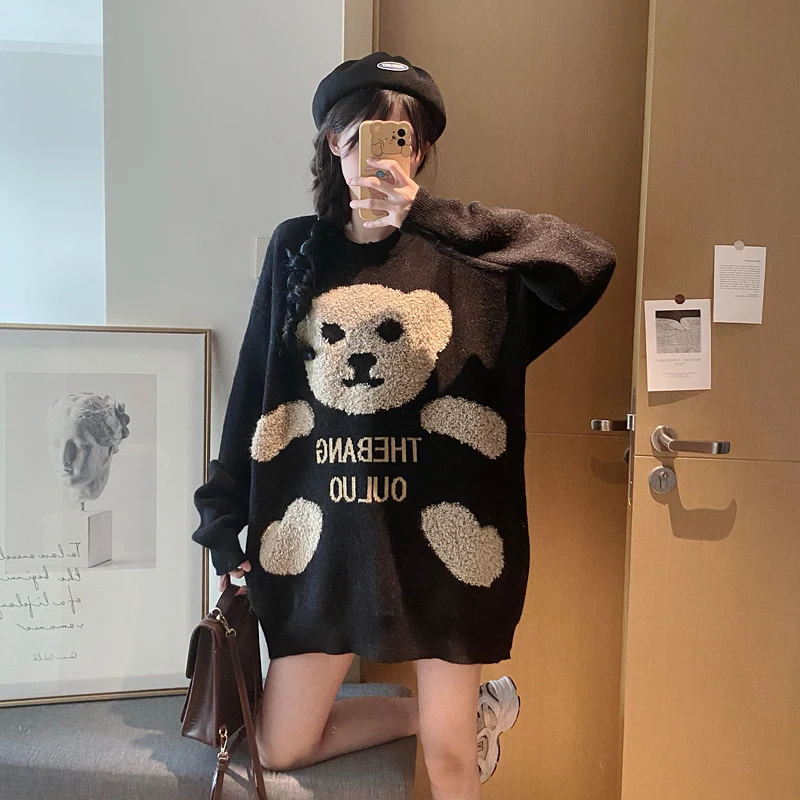 

Cartoon Bear Print Sweater Women Korean Style Loose Warm Knitted Pullover 2021 Winter Lazy Outwear Female Jumpers