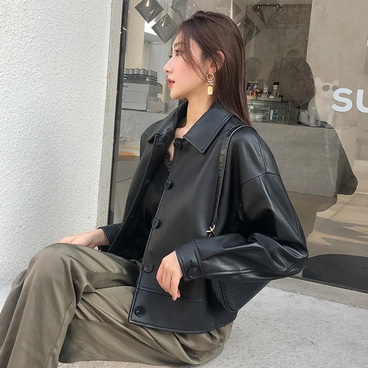 Abrigo de piel de oveja auténtica para mujer, chaqueta informal holgada de color negro, gabardina para primavera y otoño