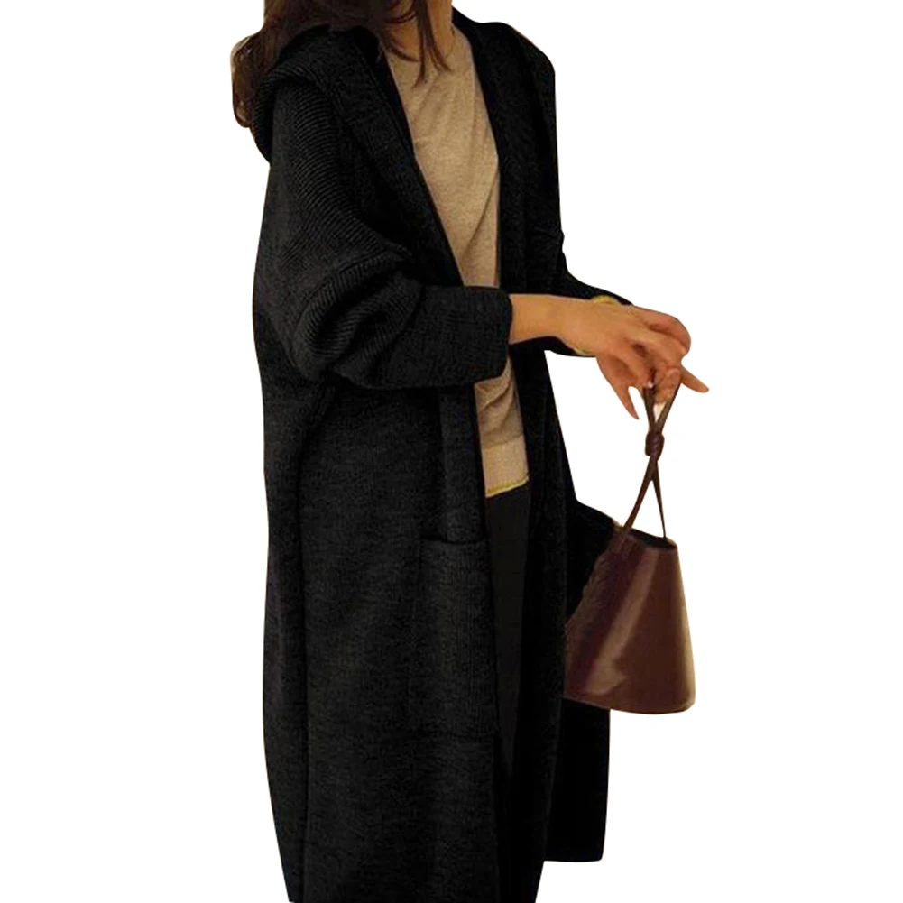 Женский однотонный осенний свитер выше колена с капюшоном Свободный кардиган |