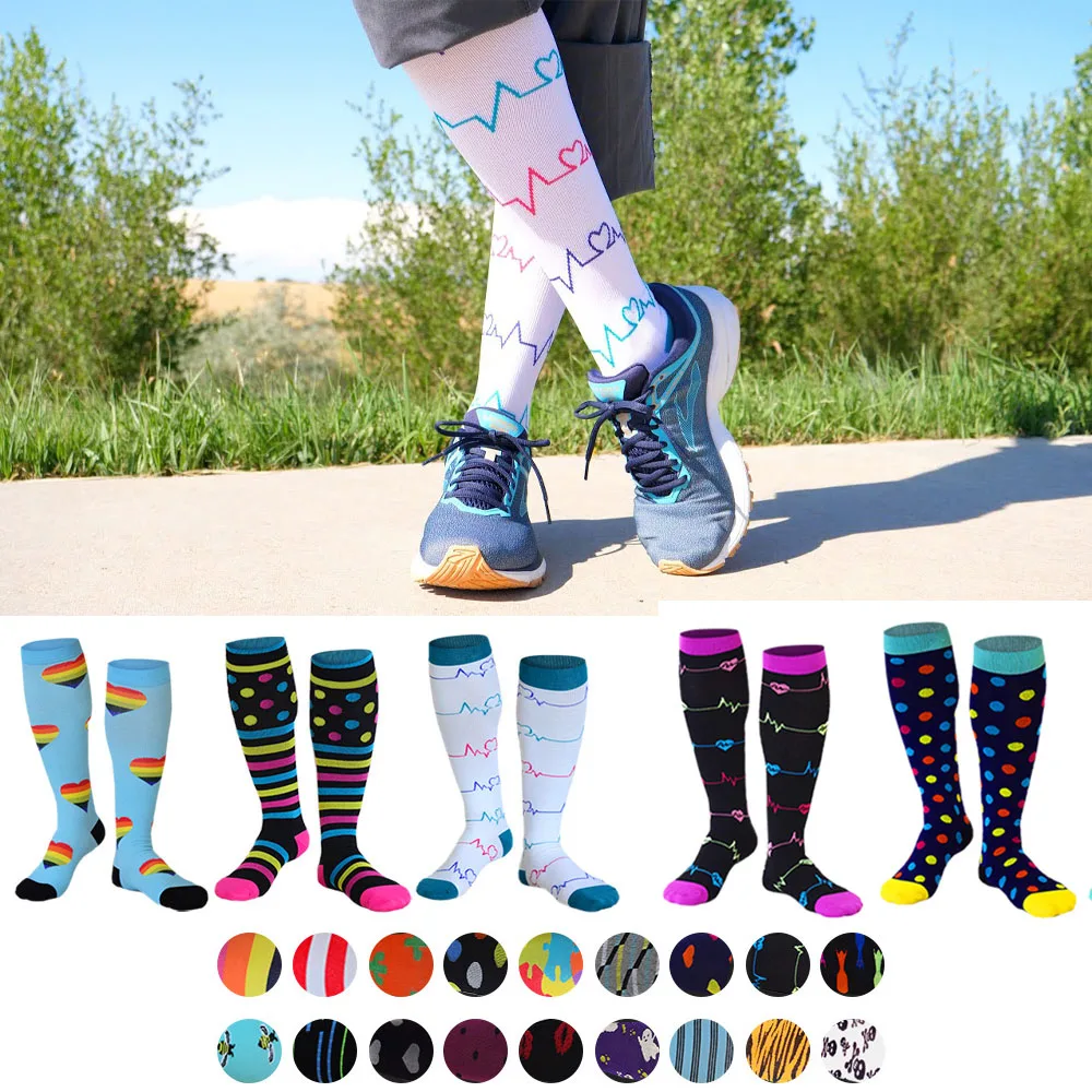 

Compression Socks Nurse Stocking Heart Beat Varicose Veins Men Women Athletic Running Cycling Knee High 20-30mmgh Travel Socks