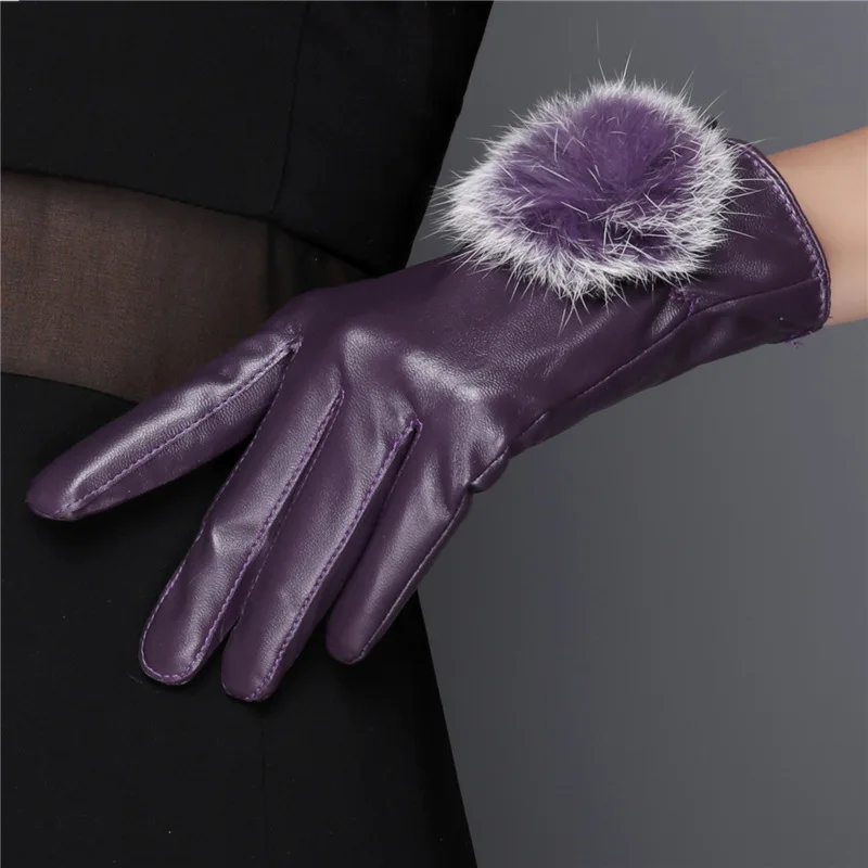 Кожаные перчатки женские толстые теплые велосипедные плюшевые с милым кроличьим