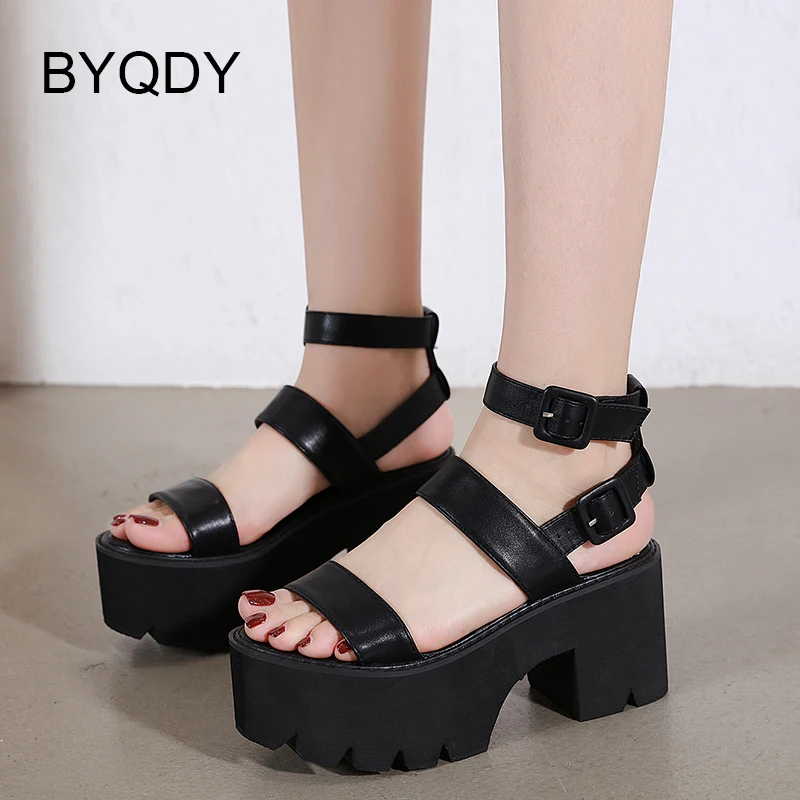 

BYQDY 2021 Open Toe Rome Sandals For Women Ankle Strap Buckles Comfortable Thick Heels Platform Female Snadlas Plus Size 35-42