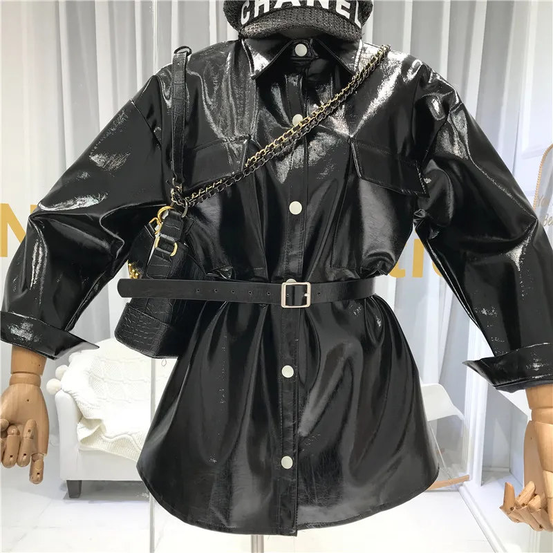 Женская куртка из искусственной кожи осень 2019 Новинка Яркое пальто средней длины