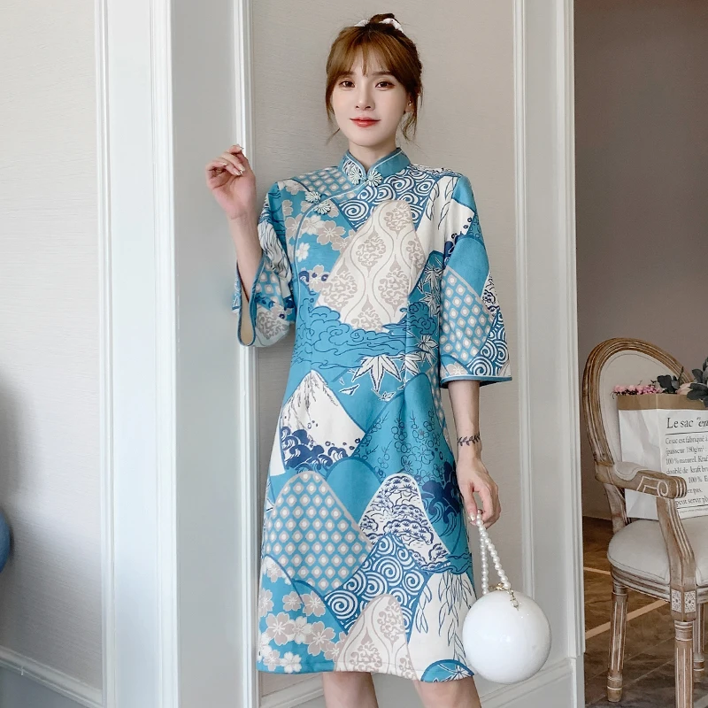 

Elegant Modern Floral Printed Cheongsam Dress 2021 Half-sleeve Shirt Improved Slit Cheongsam Plus Size Chinese Traditional Dress