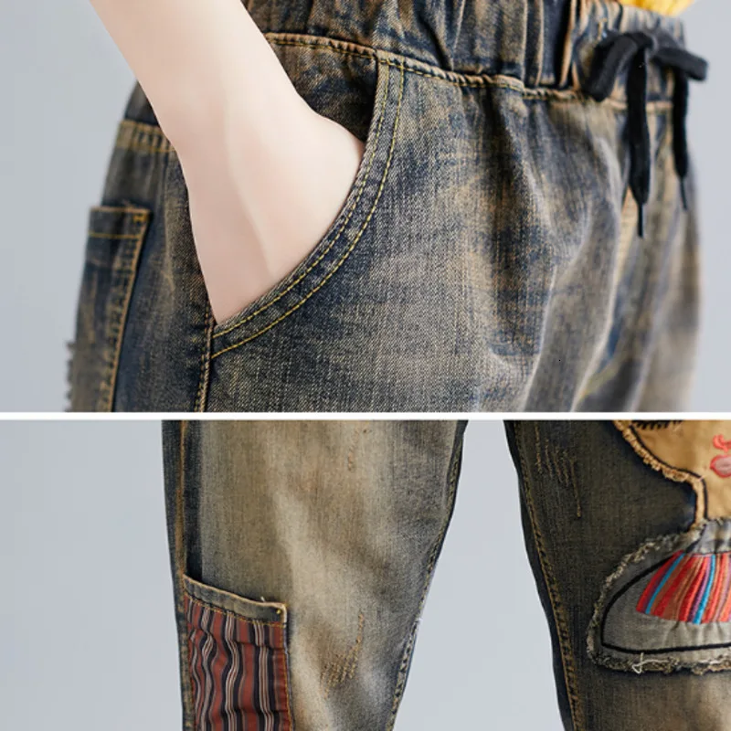 

#4619 Spring Casual Vintage Denim Jeans Women Loose Elastic Waist Embroidery Cartoon Wide Leg Harem Jeans Ladies Ankle-length