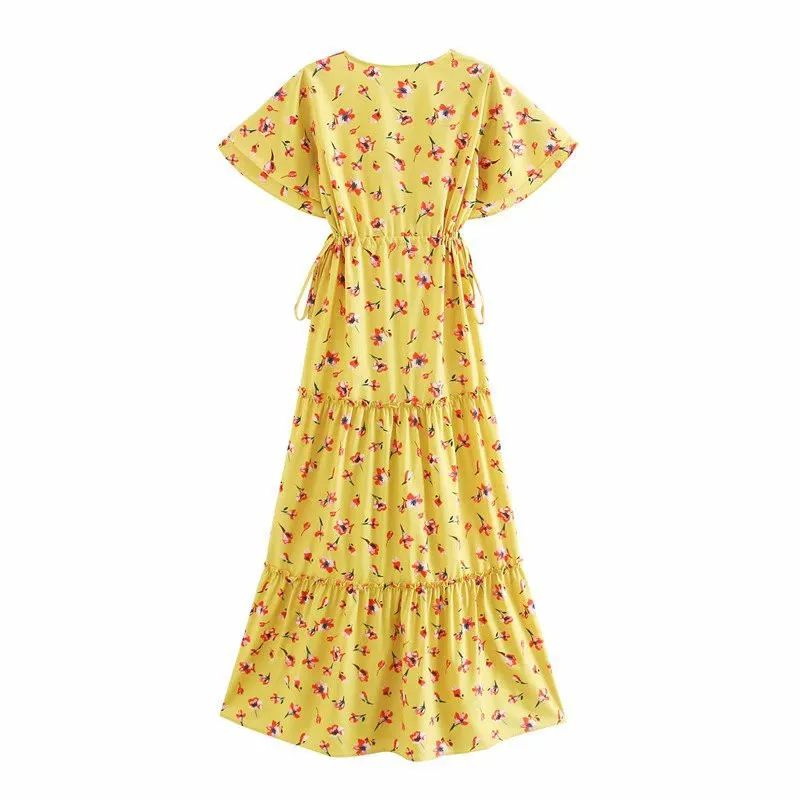 

2020 Summer Deep V-neck Women Long Dress Casual Sexy Butterfly Sleeves Slim Ruffles Dress