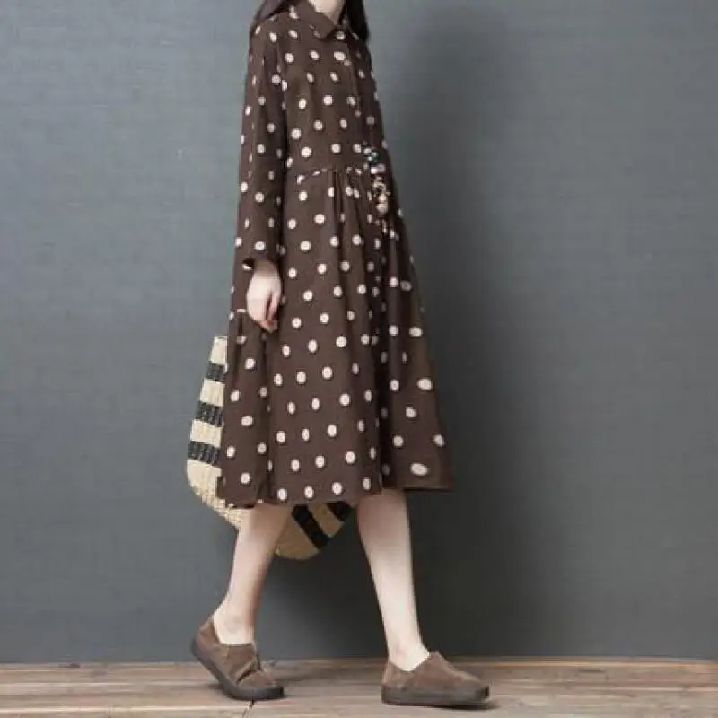 

Женское свободное платье-рубашка в горошек, из чистого хлопка, батальных размеров, Осень-зима 2021