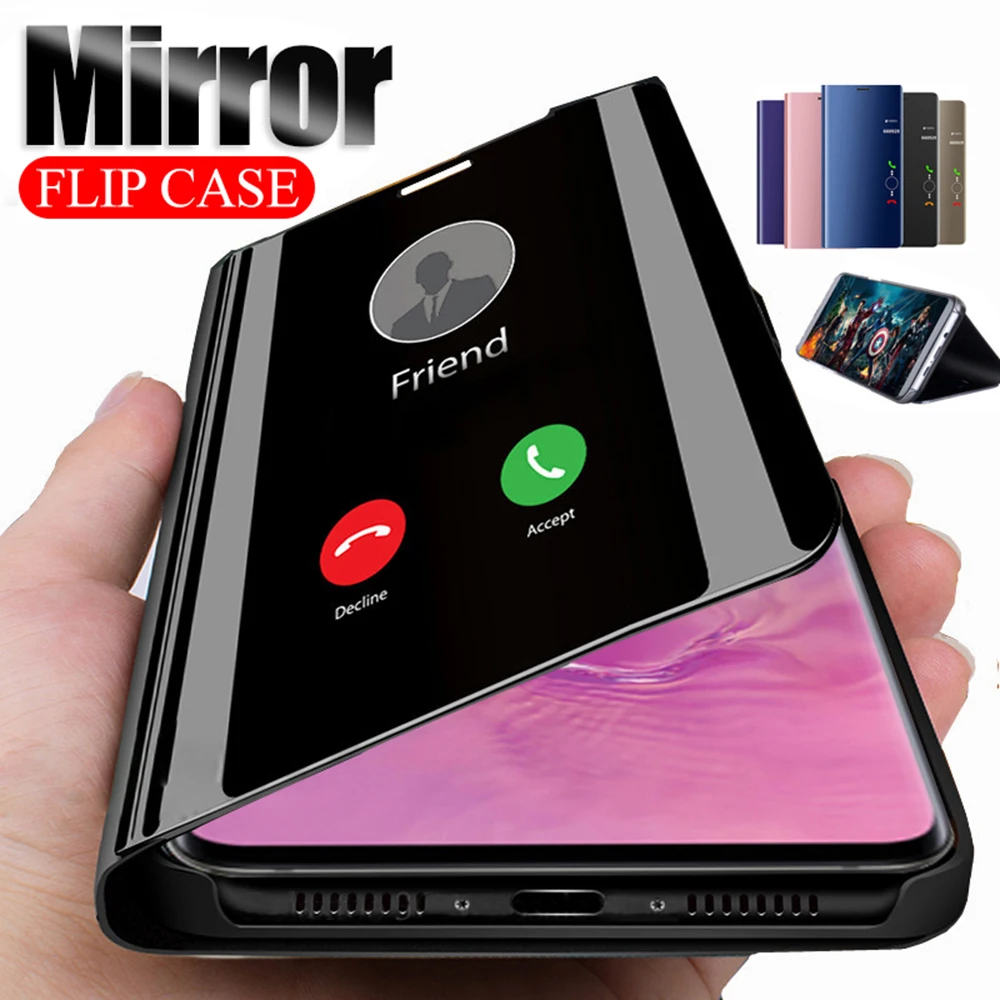 Clear View Flip Cover Phone Case For Samsung Galaxy A50 A70 S8 S9 S10 Plus Note 8 9 10 Pro S10E A40 luxury Mirror protective bag | Мобильные