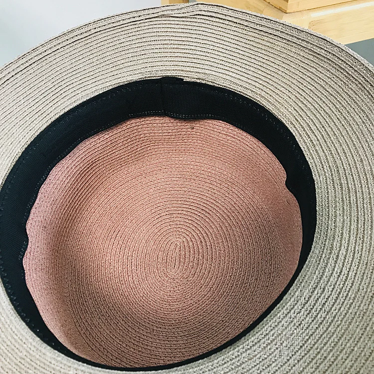 

Spring and summer leisure color matching velvet bow decoration flat straw hat sunscreen beach retro straw hat