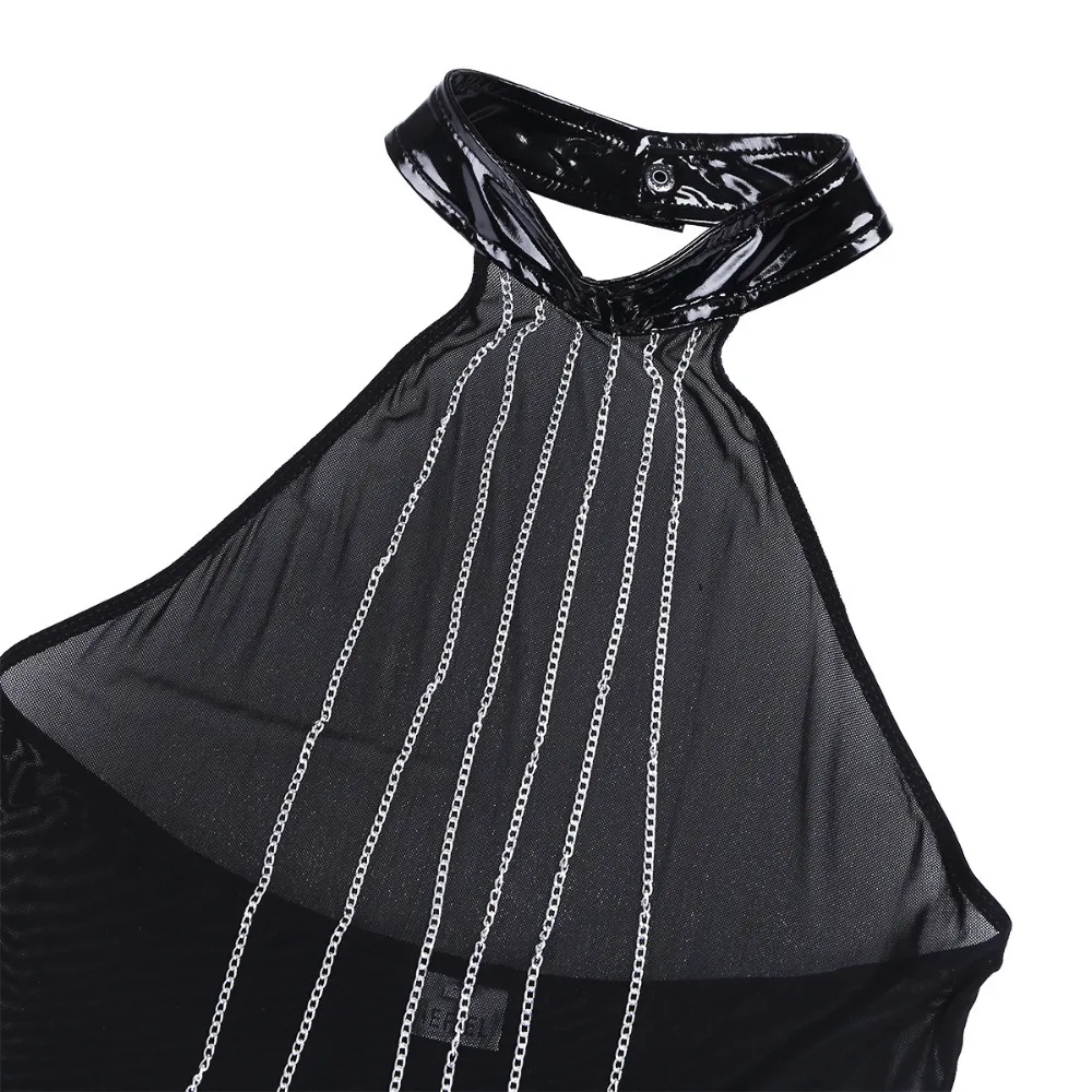 

Ladies Sexy Club Dress Mesh See through Patent Leather Splice Halter Slim Evening Party Dress Silver Metal Chain Erotic clothing