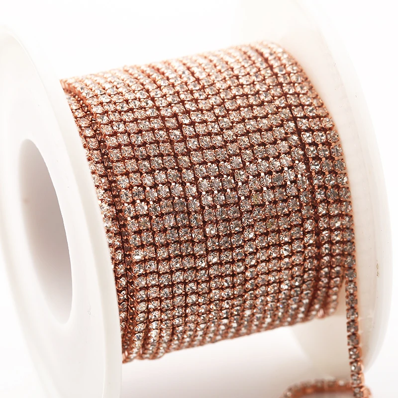 Rose Gold Crystal RESEN SS6-SS18(2 мм-4,5 мм) Серебряная/Золотая основа прозрачные Кристальные плотные стразы на цепочке Швейные стеклянные стразы на цепочке - Цвет: Rose Gold Crystal