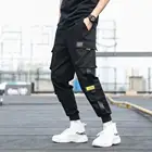 Мужские брюки-карго с боковыми карманами, черные повседневные мужские джоггеры с лентами 2021 в стиле хип-хоп, брюки, модная повседневная Уличная одежда