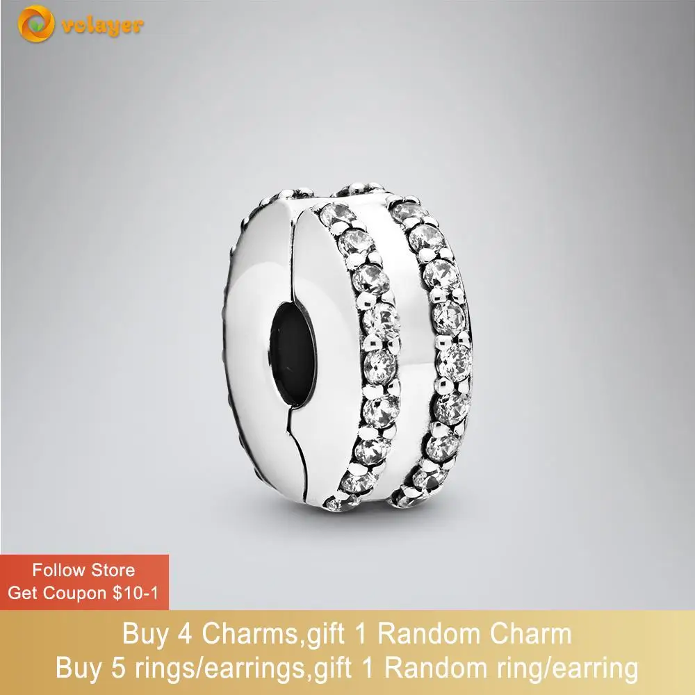 

Volayer 925 Sterling Silver Beads Double Lined Pave Clip Charms fit Original Pandora Bracelets for Women Jewelry Making
