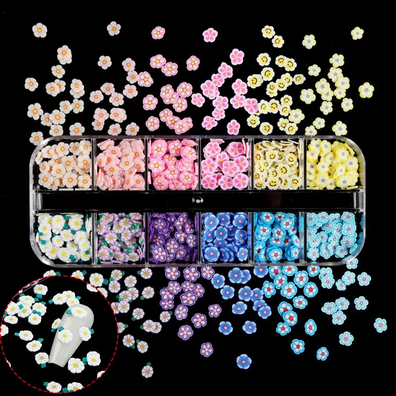 

12 Grid Nail Flakes Colourful 3d Soft Flower Clay Slices Cherry Blossoms Daisy Sequins Japanese Cherry Blossoms Nail Decoration