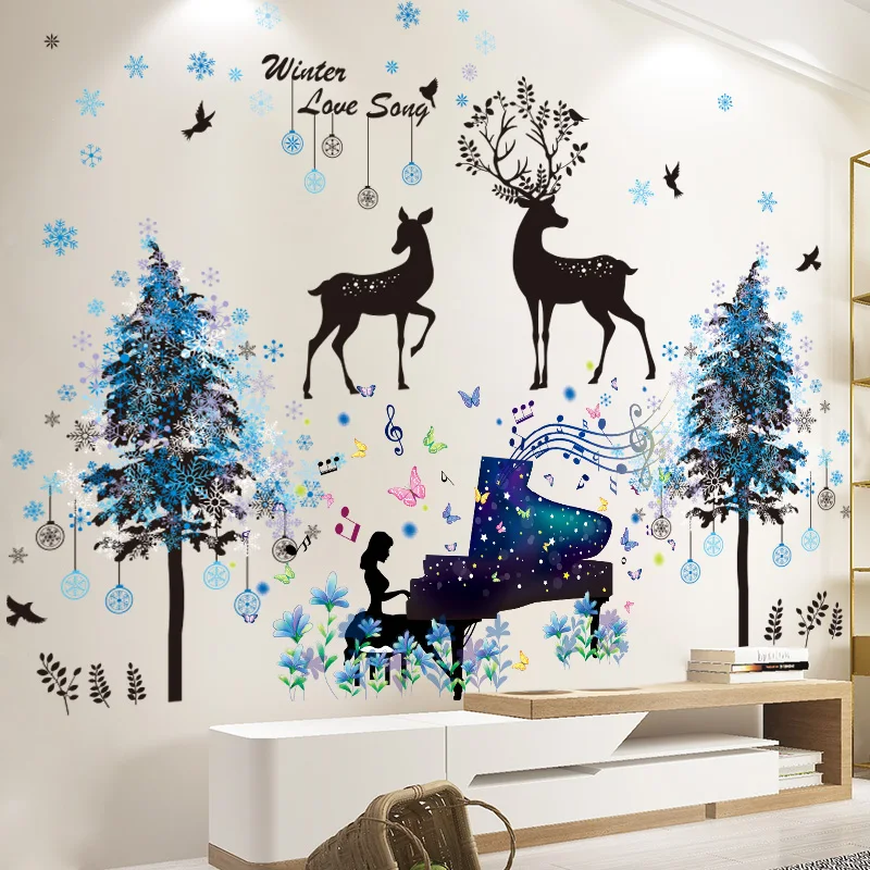 

[shijuekongjian] Deer Tree Wall Stickers DIY Girl Piano Wall Decals for House Kids Room Baby Bedroom Children Nursery Decoration