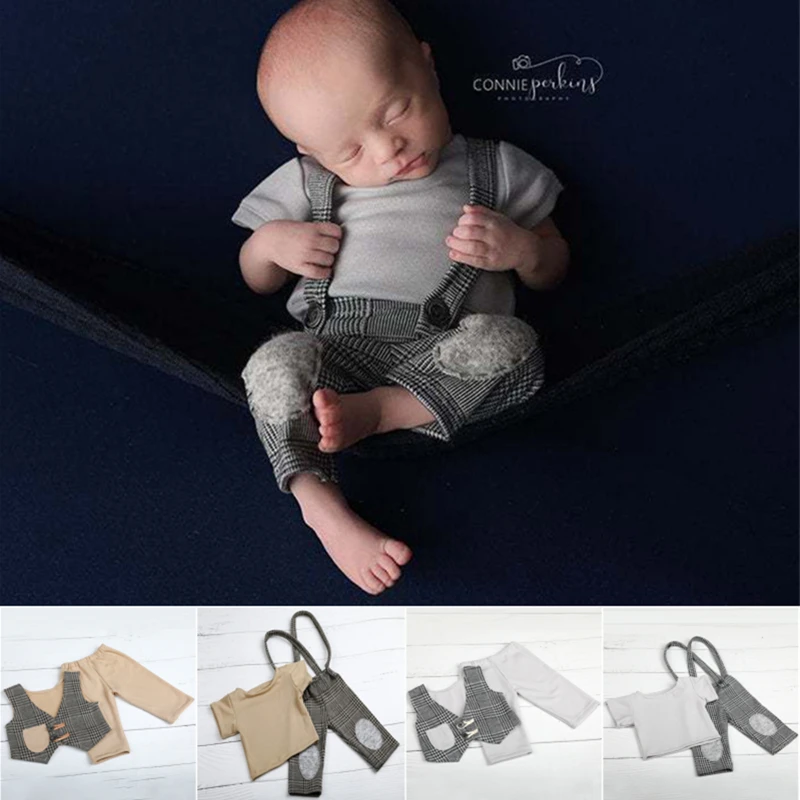 Dvotinst Baby Photography Props Newborn Gentleman Outfits Plaid Vest Suspenders Pants Fotografia Accessories Shoots Photo Props