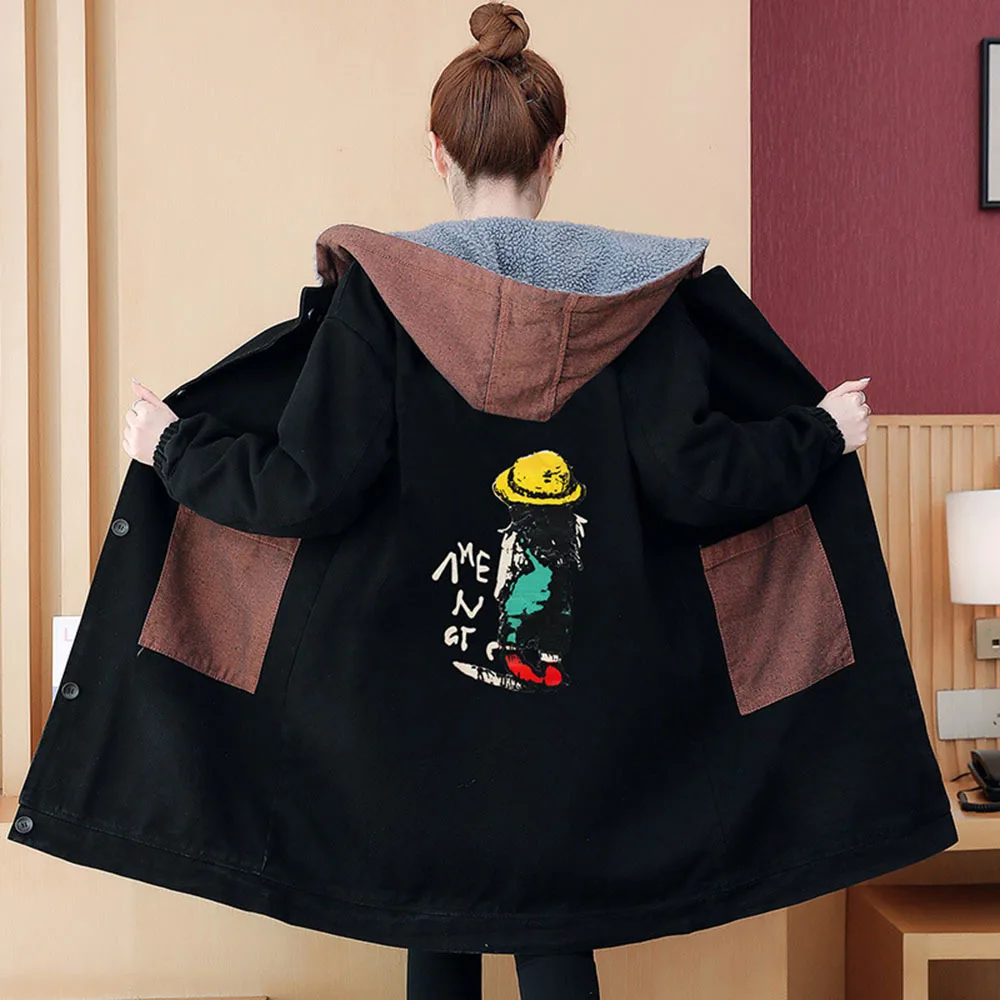 Осенне-зимняя новая куртка средней длины из флиса с капюшоном джинсовая женская