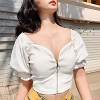 women flared sleeve cardigan t shirt v neck zipper ladies sexy skinny cropped tops 2021 summer fashion streetwear clothes female